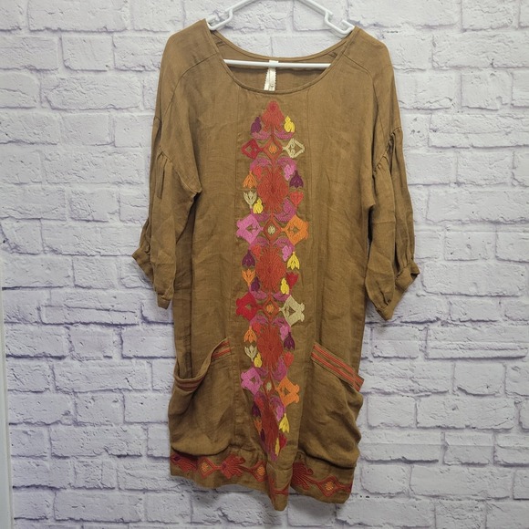 Uncle Frank Anthropologie Embroidered Boho Dress Size XS 100% Linen Pockets - Picture 1 of 9